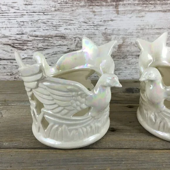 Set of 2 Ceramic Dove Bird & Star Votive Candle Holders Tall Pearl Iridescent - Picture 2 of 13